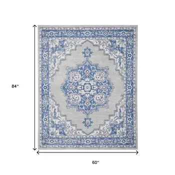 5' X 7' Blue And Gray Medallion Area Rug