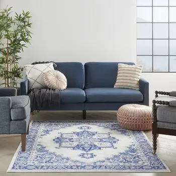 4' X 6' Ivory And Blue Medallion Area Rug