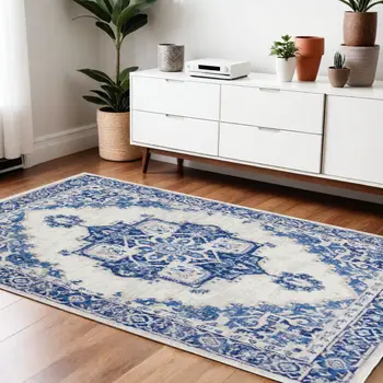 4' X 6' Ivory And Blue Medallion Area Rug