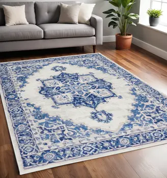 5' X 7' Ivory And Blue Medallion Area Rug