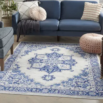 5' X 7' Ivory And Blue Medallion Area Rug