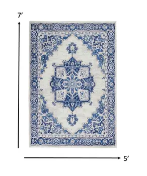 5' X 7' Ivory And Blue Medallion Area Rug