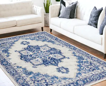5' X 7' Ivory And Blue Medallion Area Rug