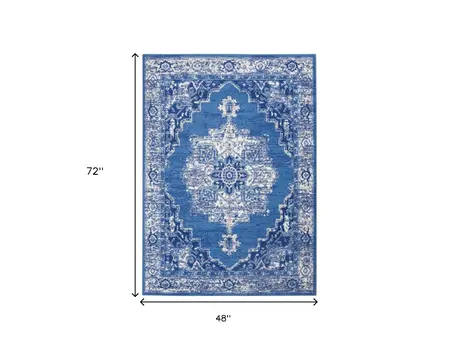4' X 6' Ivory And Blue Medallion Area Rug