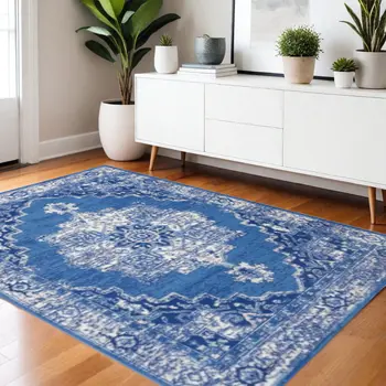 4' X 6' Ivory And Blue Medallion Area Rug
