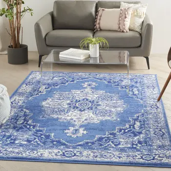 5' X 7' Ivory And Blue Medallion Area Rug