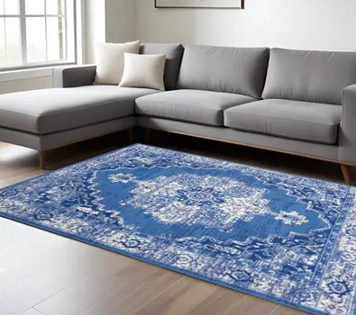 6' X 9' Navy Blue And Ivory Floral Area Rug