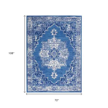 6' X 9' Navy Blue And Ivory Floral Area Rug