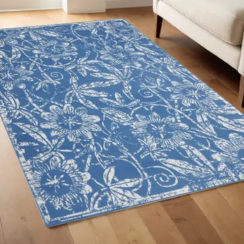 4' X 6' Blue And Ivory Floral Vines Distressed Area Rug