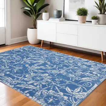 4' X 6' Blue And Ivory Floral Vines Distressed Area Rug