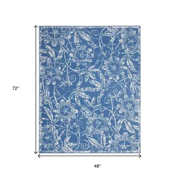 4' X 6' Blue And Ivory Floral Vines Distressed Area Rug