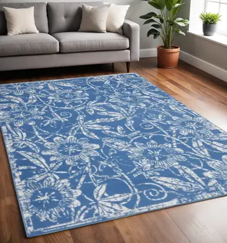 5' X 7' Blue And Ivory Floral Vines Distressed Area Rug