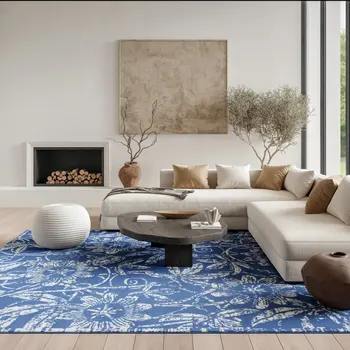 6' X 9' Blue And Ivory Floral Distressed Area Rug