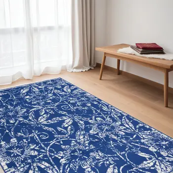 5' X 7' Ivory And Blue Floral Vines Distressed Area Rug