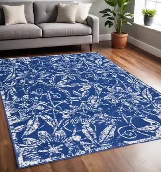 5' X 7' Ivory And Blue Floral Vines Distressed Area Rug