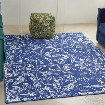 5' X 7' Ivory And Blue Floral Vines Distressed Area Rug