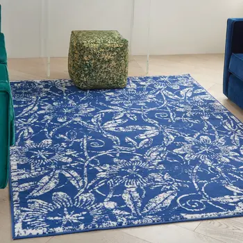 5' X 7' Ivory And Blue Floral Vines Distressed Area Rug