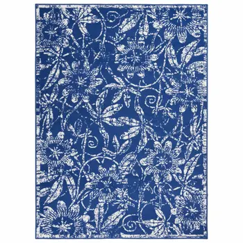 5' X 7' Ivory And Blue Floral Vines Distressed Area Rug