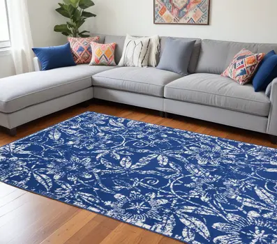 6' X 9' Ivory And Blue Floral Vines Distressed Area Rug