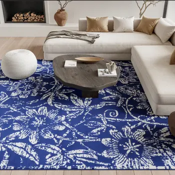 6' X 9' Ivory And Blue Floral Vines Distressed Area Rug