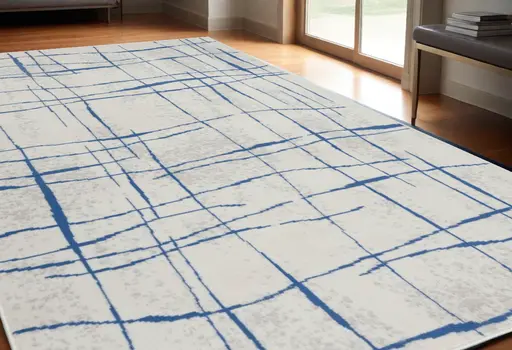 5' X 7' Ivory And Blue Geometric Distressed Area Rug