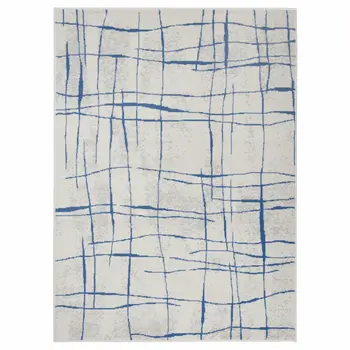 5' X 7' Ivory And Blue Geometric Distressed Area Rug