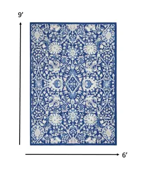6' X 9' Blue And Ivory Floral Area Rug