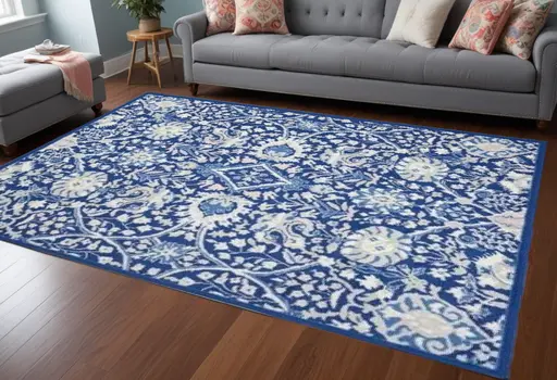 6' X 9' Blue And Ivory Floral Area Rug
