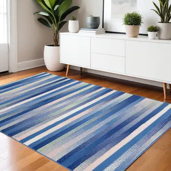 4' X 6' Blue And White Striped Distressed Area Rug