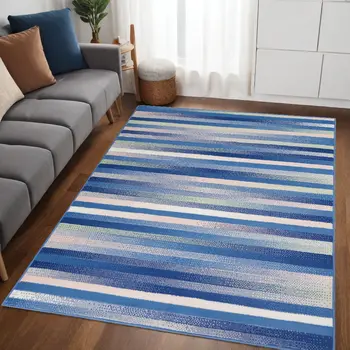 5' X 7' Blue And White Striped Distressed Area Rug