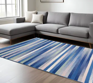 6' X 9' Blue And White Striped Distressed Area Rug