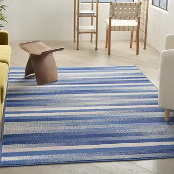 6' X 9' Blue And White Striped Distressed Area Rug