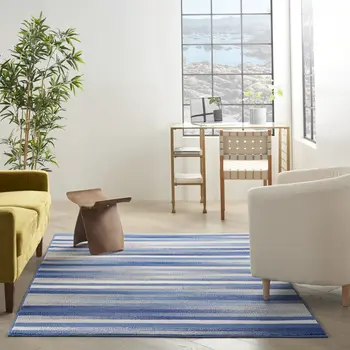 6' X 9' Blue And White Striped Distressed Area Rug