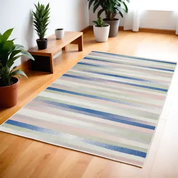 4' X 6' Ivory Blue And Green Striped Distressed Area Rug