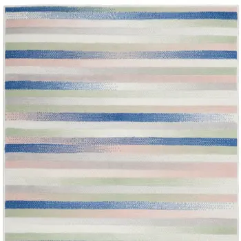 4' X 6' Ivory Blue And Green Striped Distressed Area Rug