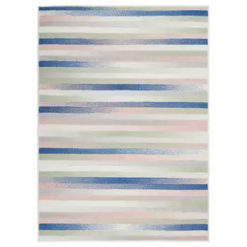4' X 6' Ivory Blue And Green Striped Distressed Area Rug