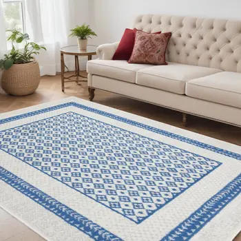 5' X 7' Ivory And Blue Geometric Area Rug