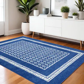 4' X 6' Blue And White Geometric Area Rug
