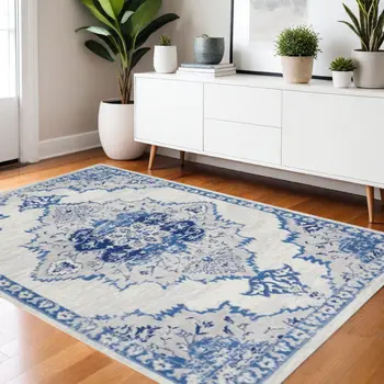 4' X 6' Ivory And Blue Medallion Area Rug