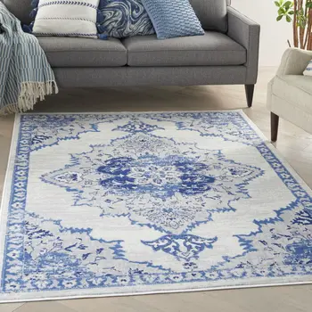 4' X 6' Ivory And Blue Medallion Area Rug