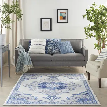 4' X 6' Ivory And Blue Medallion Area Rug