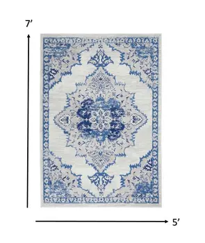 5' X 7' Ivory And Blue Medallion Area Rug