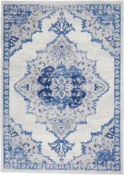 5' X 7' Ivory And Blue Medallion Area Rug