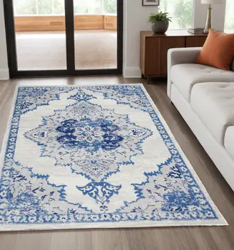 5' X 7' Ivory And Blue Medallion Area Rug