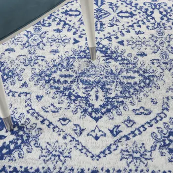 4' X 6' Ivory And Blue Geometric Distressed Area Rug