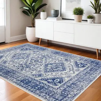 4' X 6' Ivory And Blue Geometric Distressed Area Rug
