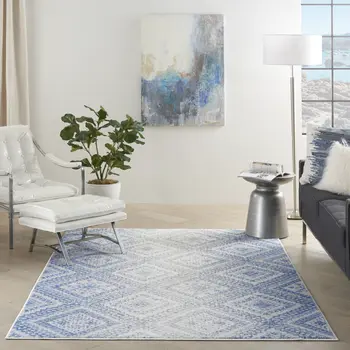 6' X 9' Ivory And Blue Geometric Area Rug