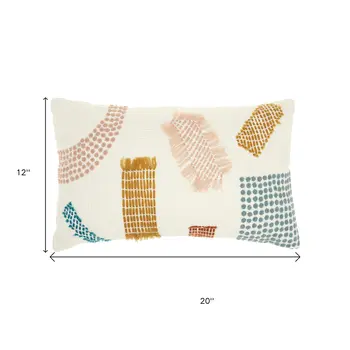 12" X 20" Beige Blue and Ivory Geometric Cotton Throw Pillow With Textured Appliques