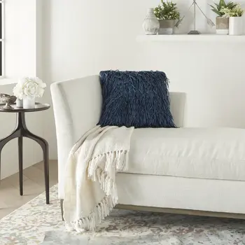 20" Navy Blue Textured Throw Pillow with Fringe