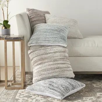 20" White Striped Cotton Blend Throw Pillow